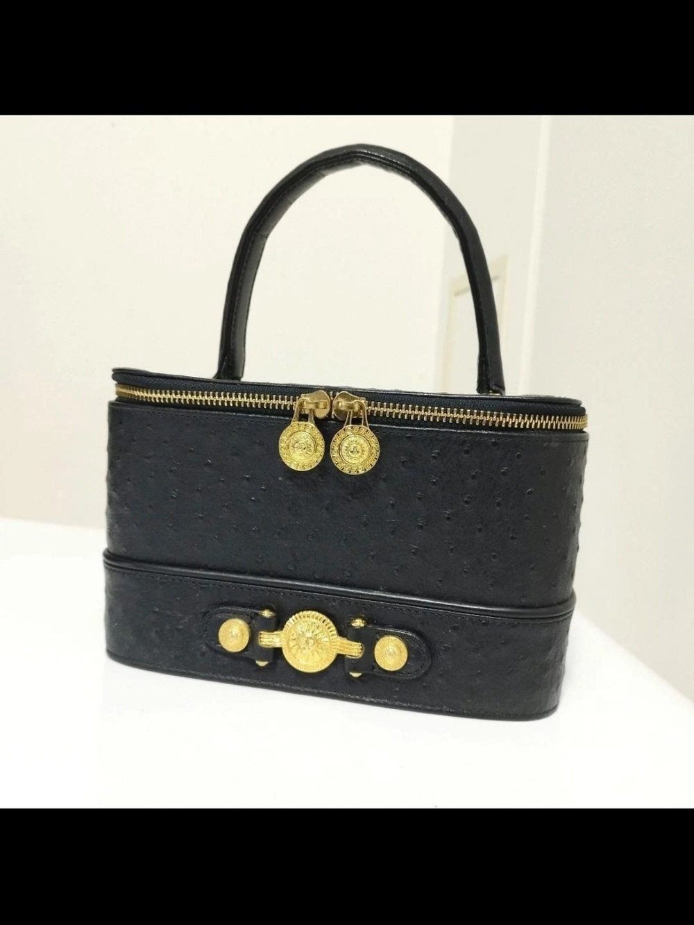 Versace Black Top-Handle Vanity Bag with Gold Medallions